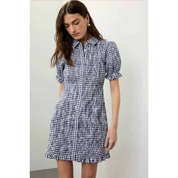 Jason Wu Dresses & Skirts - B35 Jason Wu Smocked Gingham Mini Dress 4 Navy White Collar Cotton Dinner Party